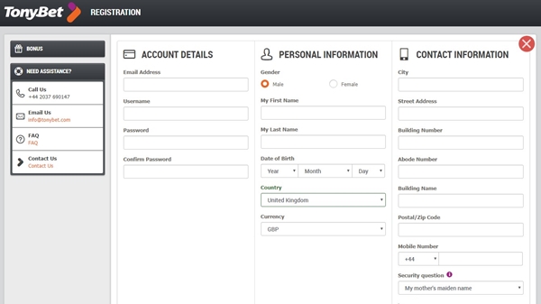 tonybet signup form
